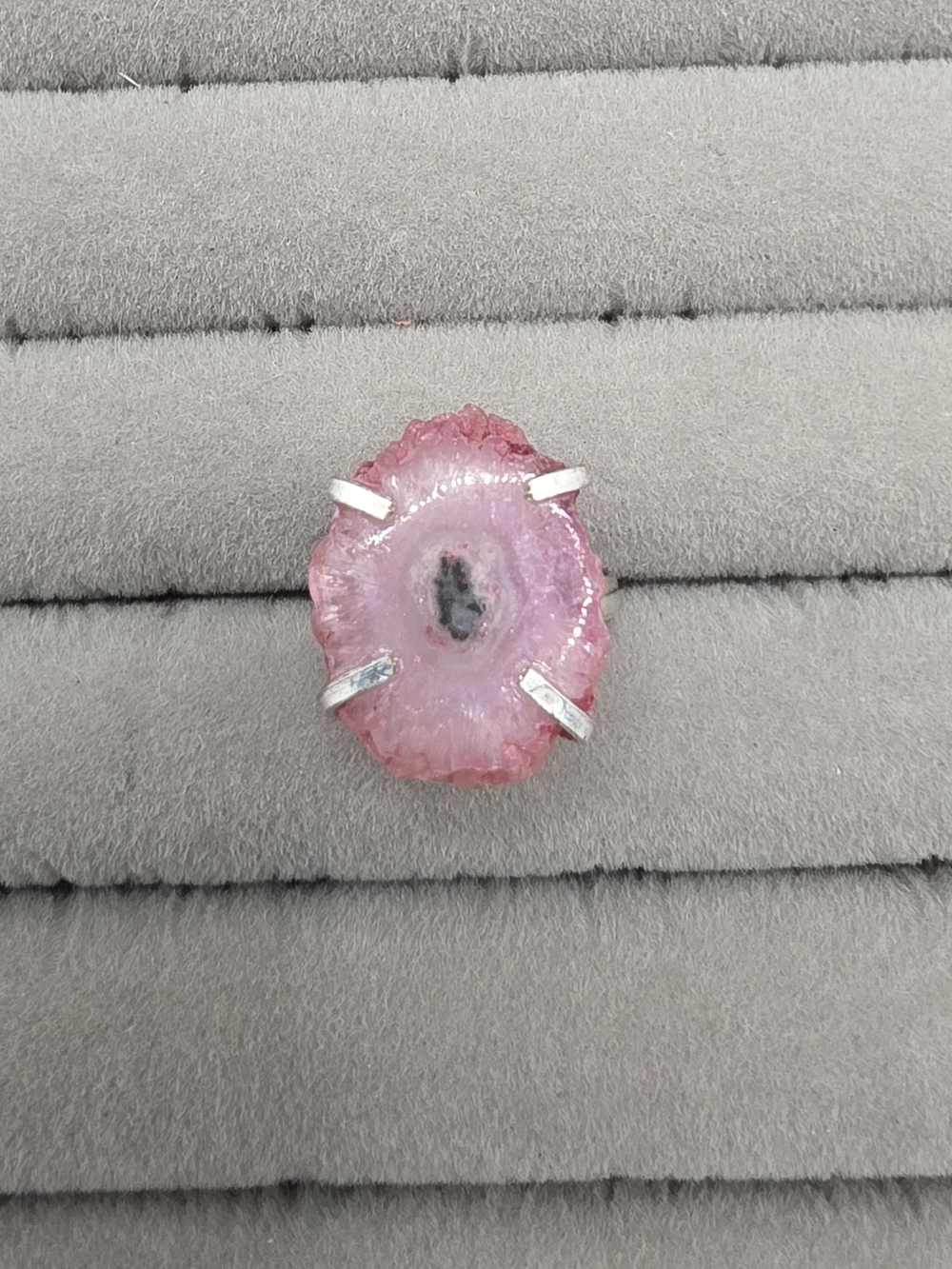 Pink Druzy Slice Statement Ring Size 7- Silver Plated Prong Setting